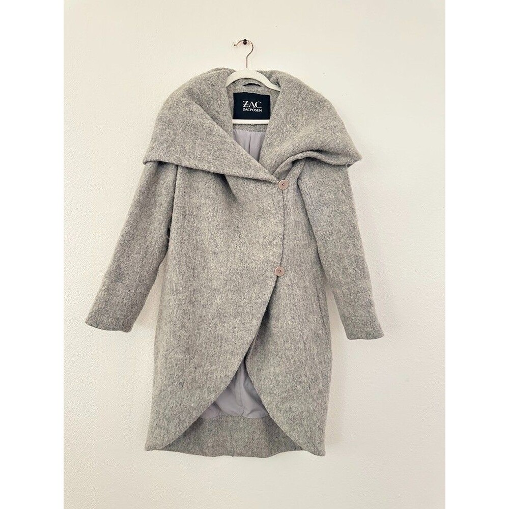 Zac Posen Camilla Wool Coat Medium Gray Hood Cowl Neck Long City Women's Small